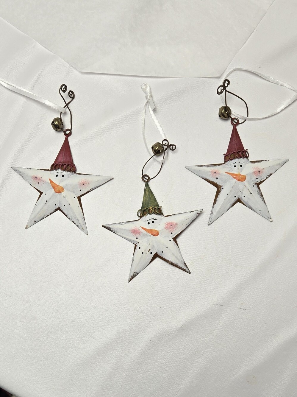 Anthropologie Metal Painted White Star Snowman Ornaments with Red and Green Hats